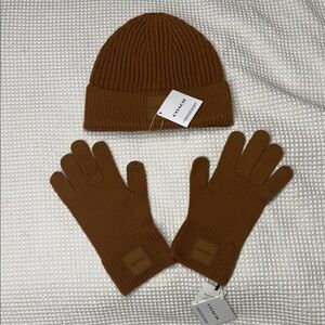 Coach Tan Knit Beanie and Tech Gloves Set - 100% Wool